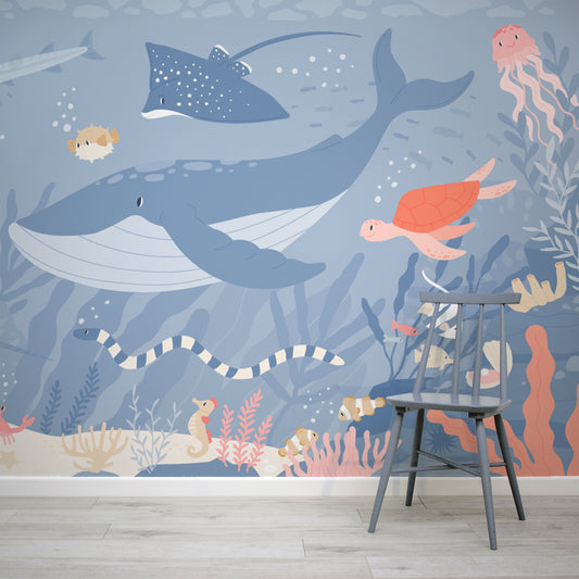 Submerged Fantasia Wallpaper with blue chair in front of the wallpaper