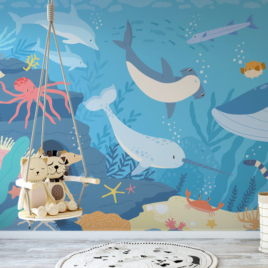 Submerged Fantasia original wallpaper in children's room with hanging small seat with stuffed lion and cat toy
