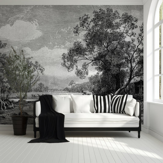 Tanetrict Wallpaper In Living Room With Black Sofa And White Cushions, Cold Lighting, And Green Plant