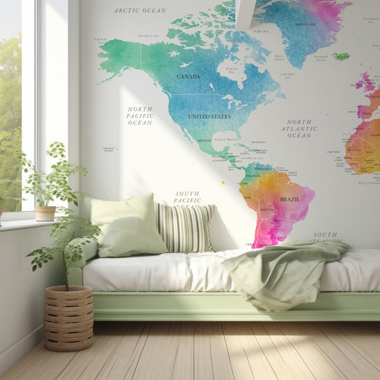 Teenaz Wallpaper In Kid's Bedroom With Green Single Bed With Stripy Cushions And Light Coming Into Room