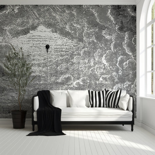 Theo Mono Wallpaper In Living Room With Black Sofa And White Cushions, Cold Lighting, And Green Plant
