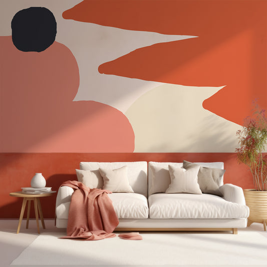 Tia Wallpaper In Living Room With White Sofa & Half Red Wall