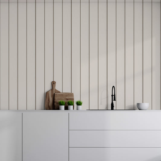 Timber Elegance Beige In Kitchen With White Worktops & Wooden Chopping Boards