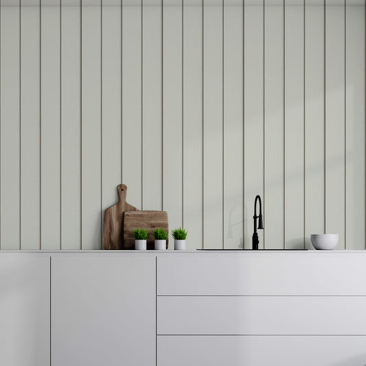 Timber Elegance Light Green In Kitchen With White Worktops & Wooden Chopping Boards