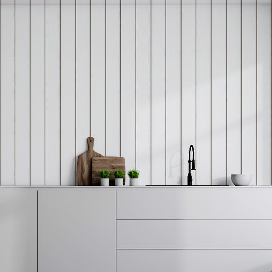 Timber Elegance White In Kitchen With White Worktops & Wooden Chopping Boards