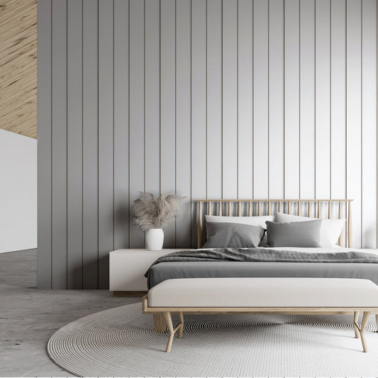 Timber Elegance White In Open Bedroom With Grey Bed