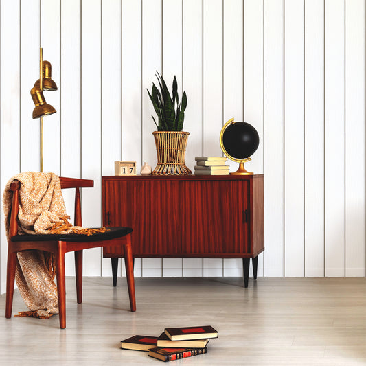 Timber Elegance White In Room With Wooden Cabinet And Black Globe
