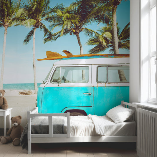 Trelha Wallpaper In Child's Bedroom With Grey Bed And Two Brown Teddy Bears