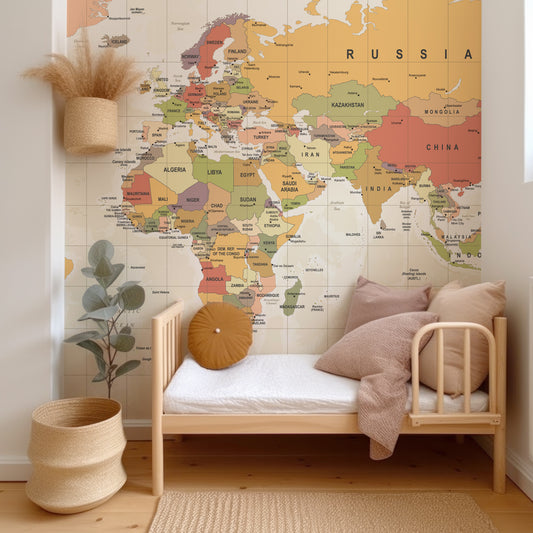 Tribution Wallpaper In Child's Bedroom With Wooden Bed and Neutral Colored Cushions and Plants