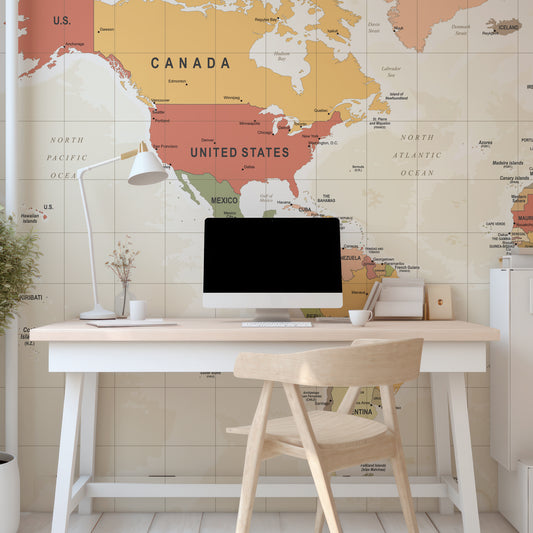 Tribution Wallpaper In Office With White And Wood Desk And Computer Screen With Lamp And Plants