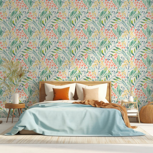 Tua Wallpaper In Bedroom With Natural Lighting Shining On Baby Blue Bed With Orange Cushions