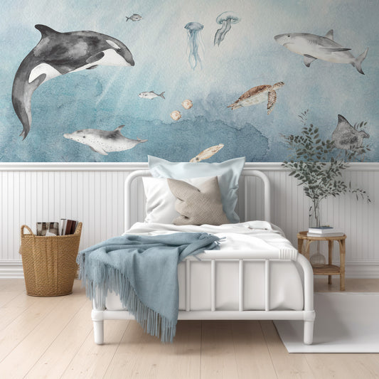 Underwater Fun Wallpaper In Room With White Wood Panelling And Small Single Bed With Blue Cushions