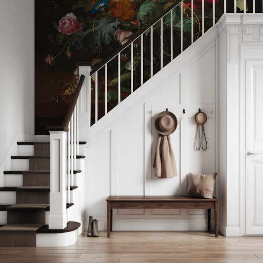 Vase Of Flowers In Hallway With Dark Wooden And White Stairway