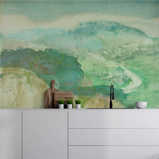 Verdant Mystique Wallpaper In Kitchen With White Worktops ANd Wooden Chopping Boards