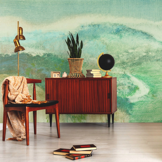 Verdant Mystique Wallpaper In Lounge With wooden Cabinet And Black World Glove With Golden Accents