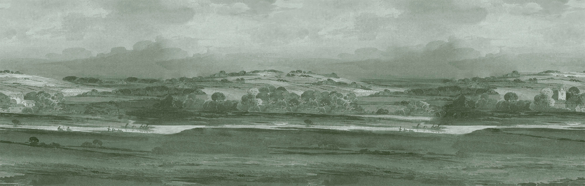Vintage landscape print with rolling hills and a distant mountain under a cloudy sky.