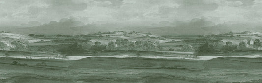 Vintage landscape print with rolling hills and a distant mountain under a cloudy sky.