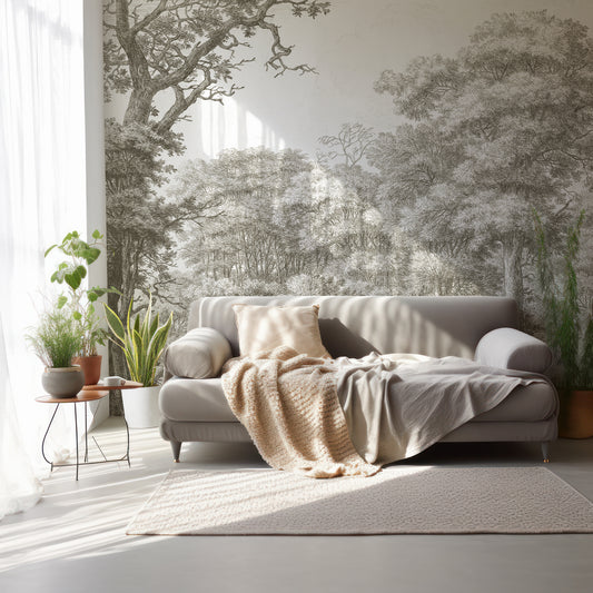 Waterloo Greige Wallpaper In Room With Grey Sofa And PlantsWith Thin Curtain Letting Light In
