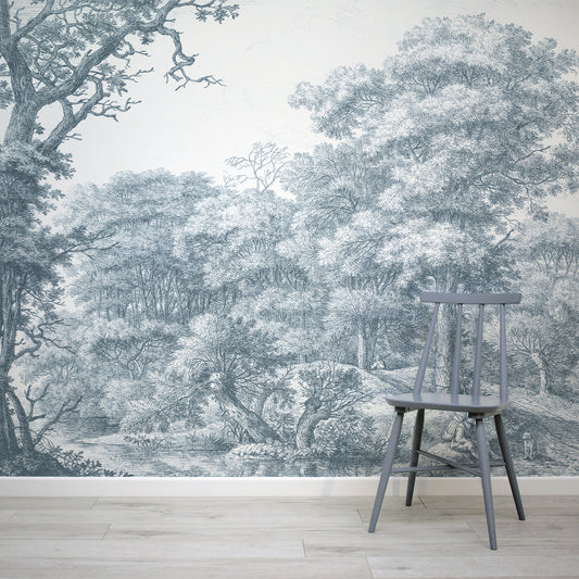 Waterloo Woods Blue Wallpaper In Room With Blue Chair