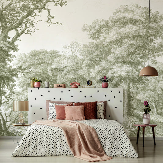 Waterloo Woods Green Wallpaper In Ladies Polka Dot Bedroom