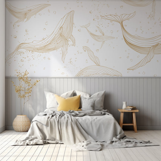 Whale Drift In Bedroom With Grey Panelled Wall With Grey Bed