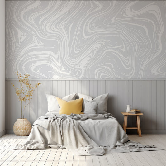 Whision Wallpaper In Children's Bedroom With Grey Panelled Wall With Grey Bed & Yellow Cushion