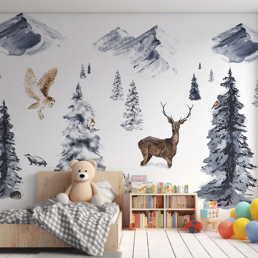 Winter Wonderland - Papier Peint Panoramique Aquarelle Forêt Enneigée