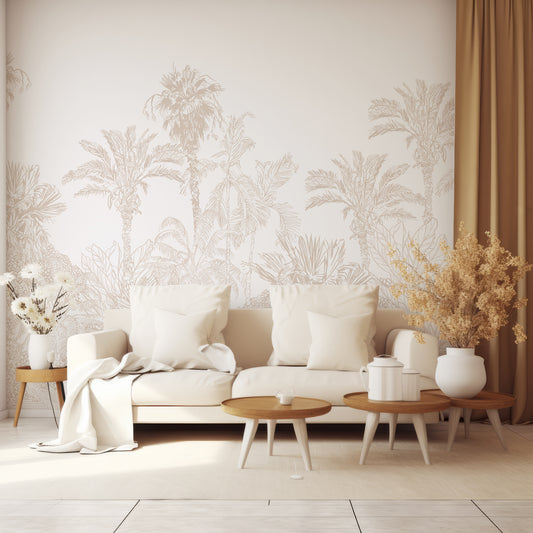 Xynnelt Wallpaper In Living Room With Cream Sofa With Three Small Wooden Coffee Tables And Golden Curtain