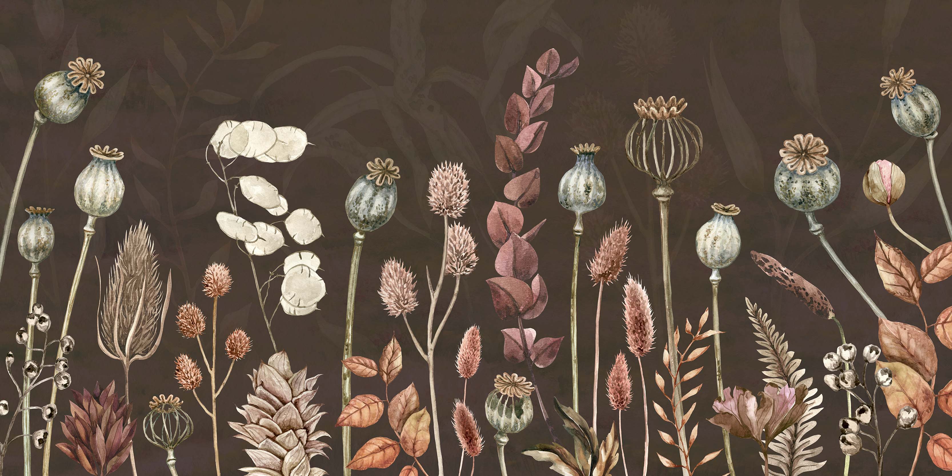 Autumn Flowers Brown - Brown Watercolour Botanical Wall Mural