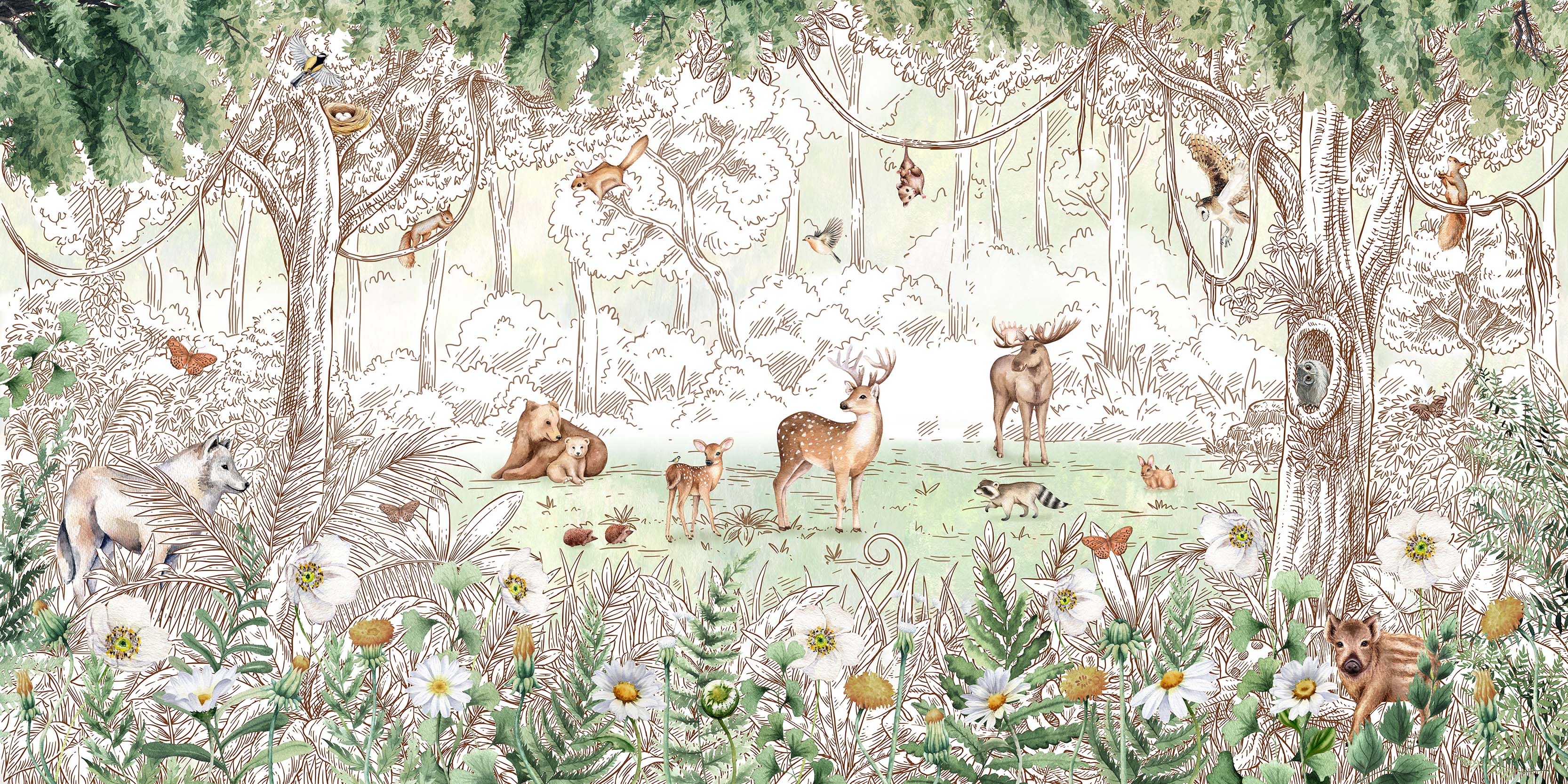 Birch Spring Springtime Watercolour Children's Illustration Wallpaper Mural Full Artwork