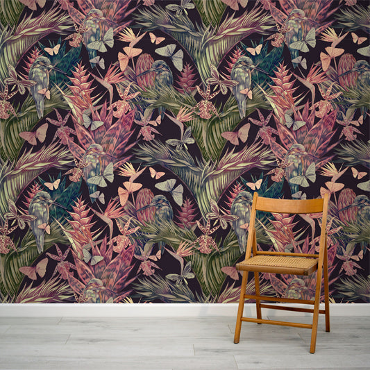 Calla - Papier Peint Floral Colibri et Papillon Violet Foncé
