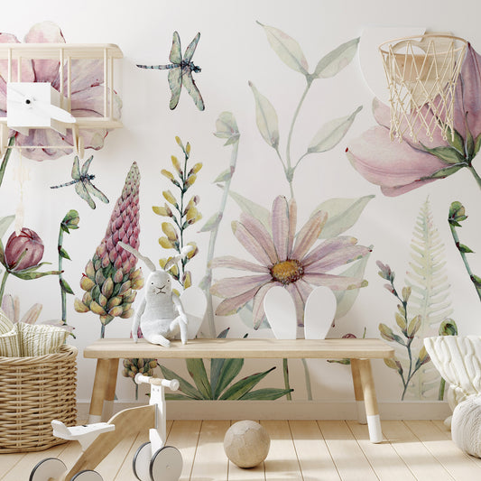 Marguerite - Papier Peint Fresque Fleurs Aquarelles Roses