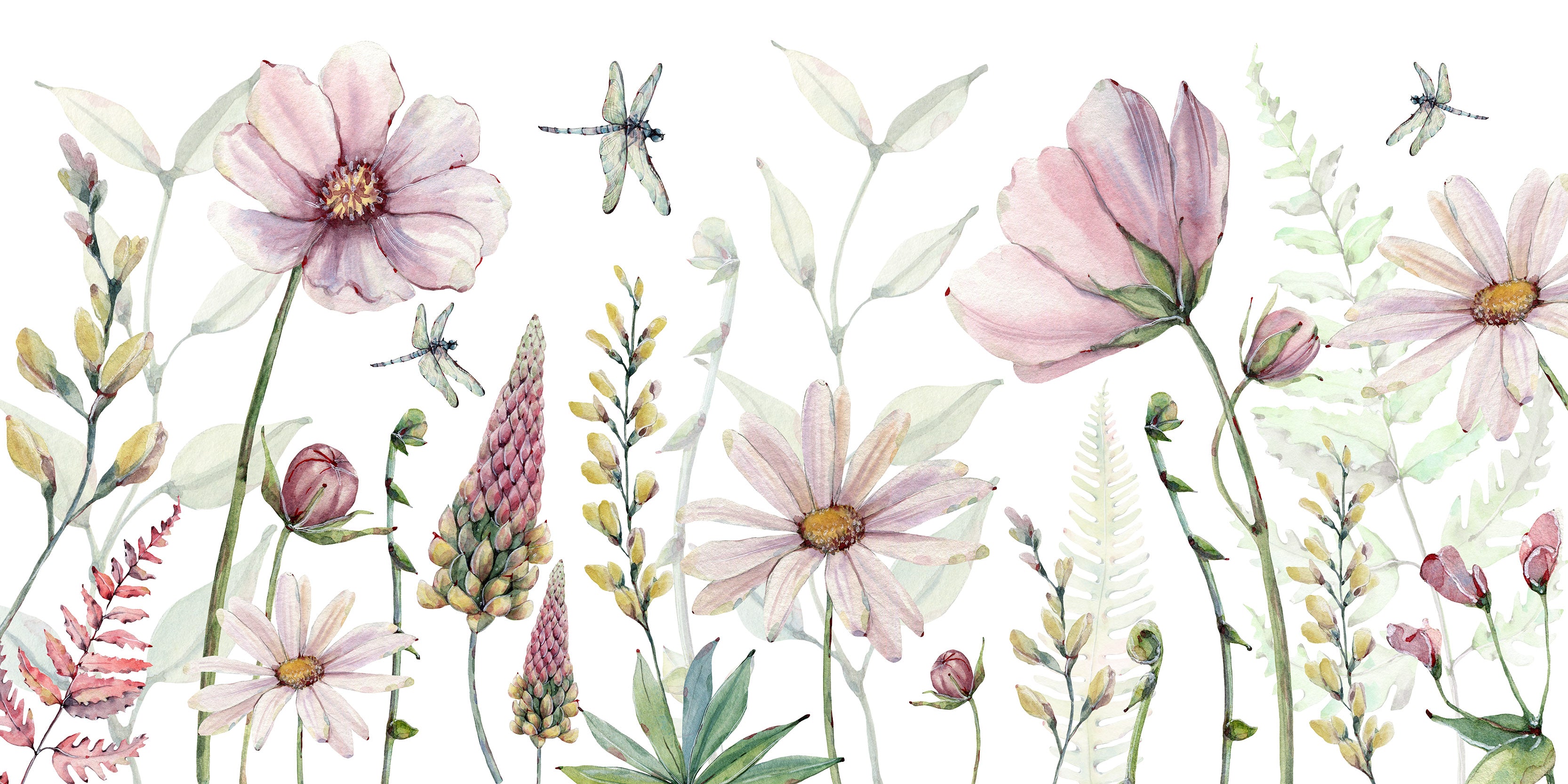 Daisy - Pink Watercolour Flowers Wallpaper Mural Full Artwork
