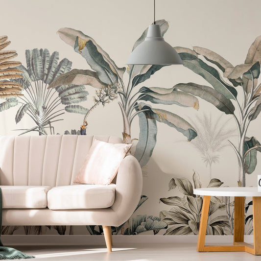 Dominica Beige Sofa with White Coffee Table and Large Green Plant