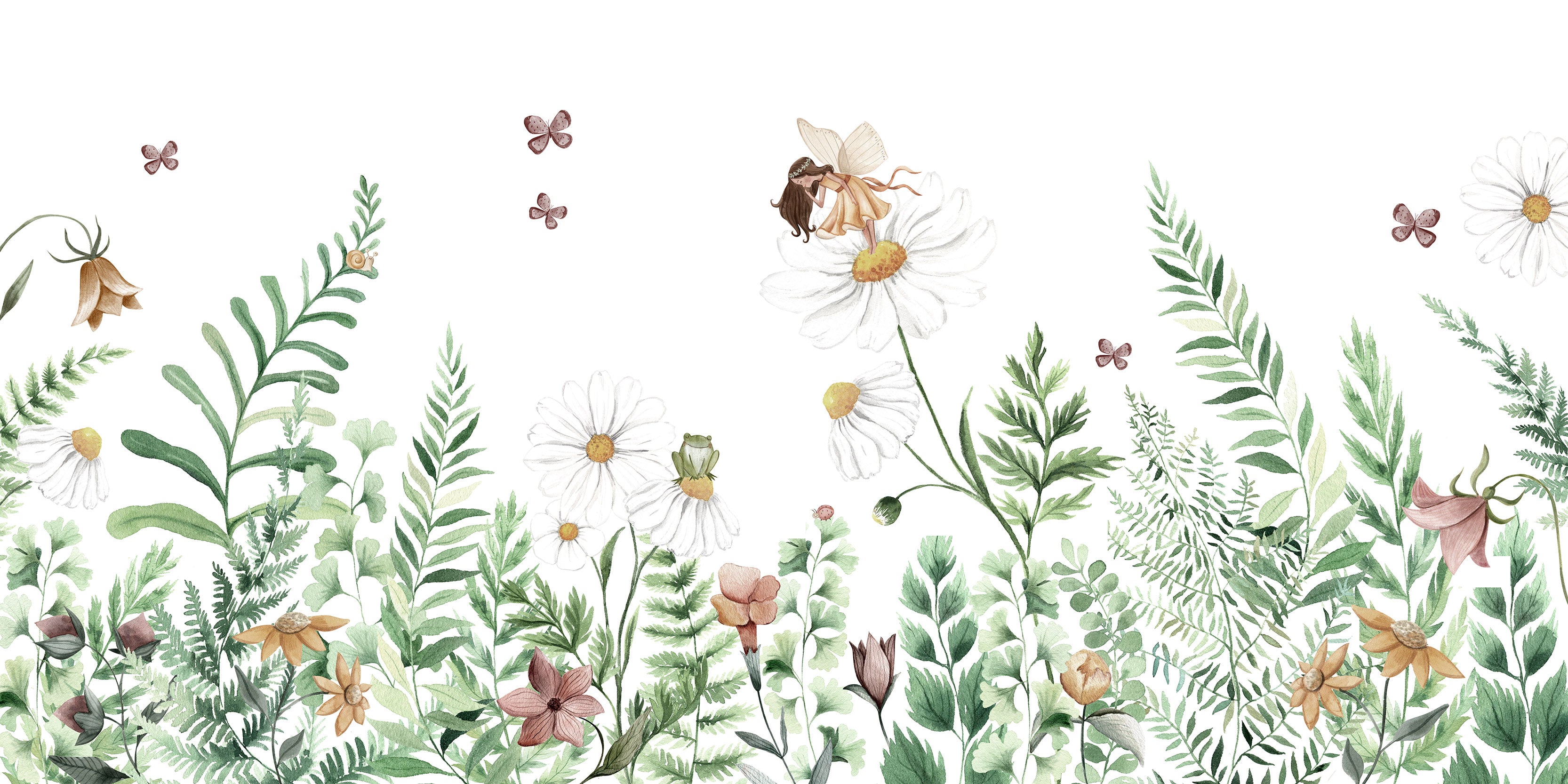 Fairy Garden - Magical Flowers and Fairies Watercolour Illustration Wallpaper Mural Full Artwork