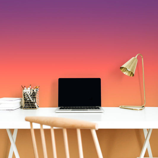 Misty Sunset Gradient Study with Laptop and Lampshade