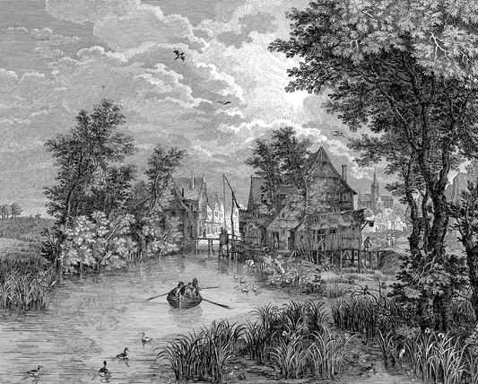 Poullain - Papier Peint Fresque Paysage de Rivière Gravée Vintage