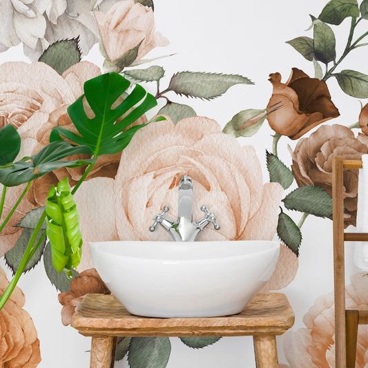 Rosie Copper - Papier Peint Aquarelle Floral Orange Cuivre