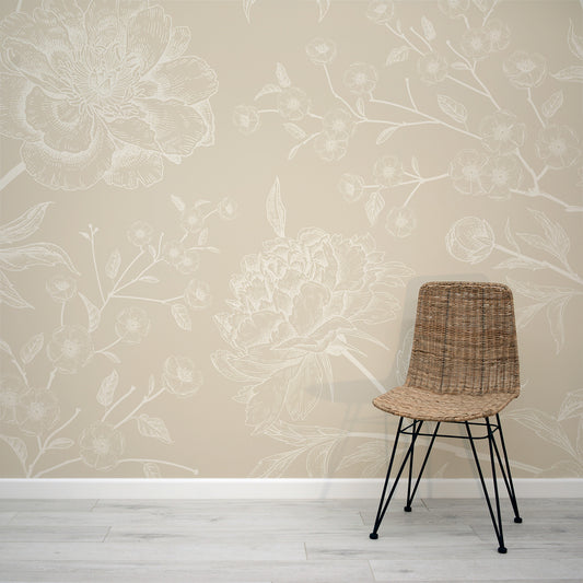 Subtle Botany Beige - Subtle Beige Floral Wallpaper Mural