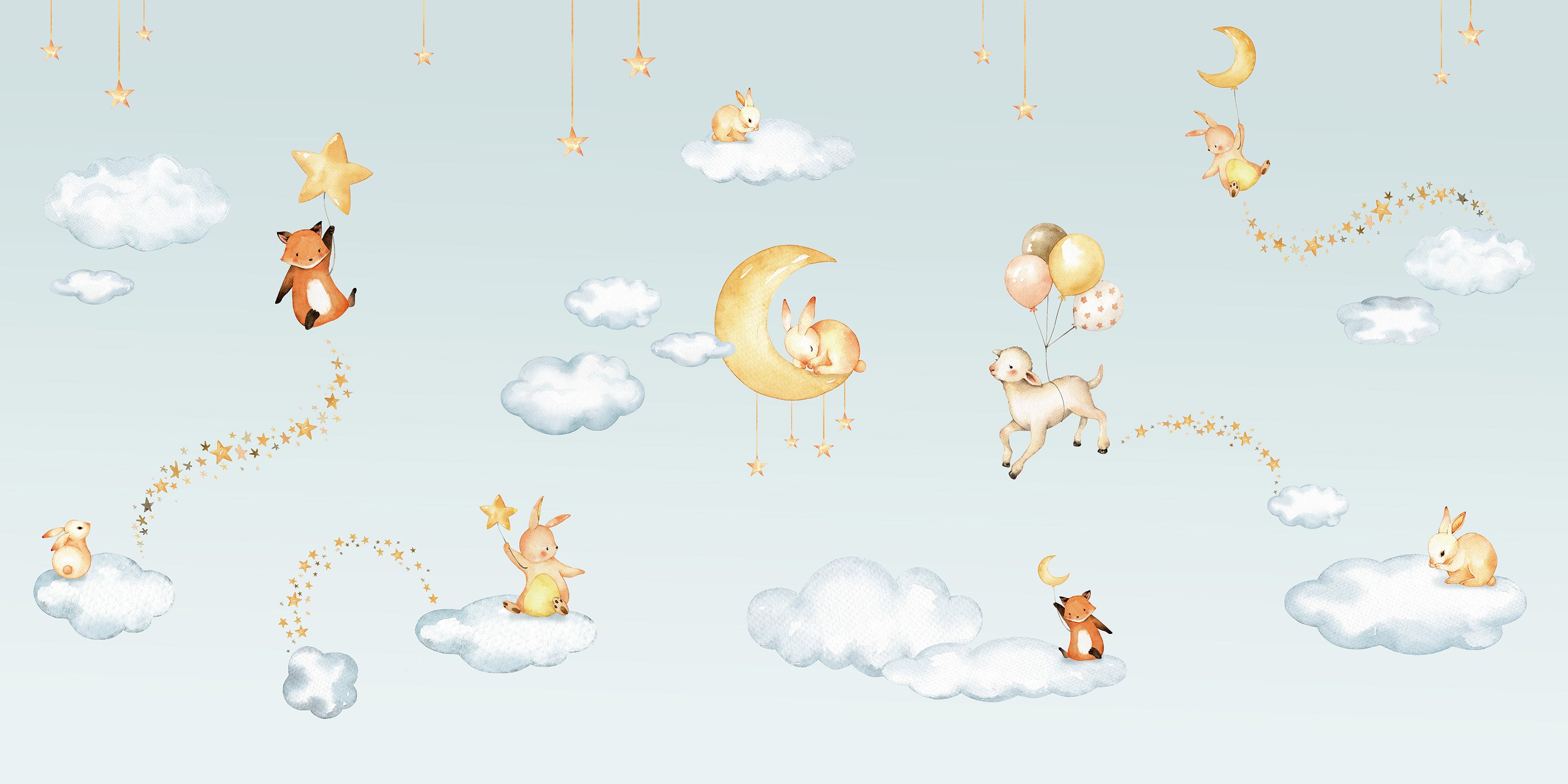 Sweet Dreams Blue - Blue Sky Bedtime Animals Illustration Wallpaper Mural Full Artwork