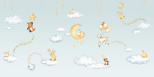 Sweet Dreams Blue - Blue Sky Bedtime Animals Illustration Wallpaper Mural Full Artwork