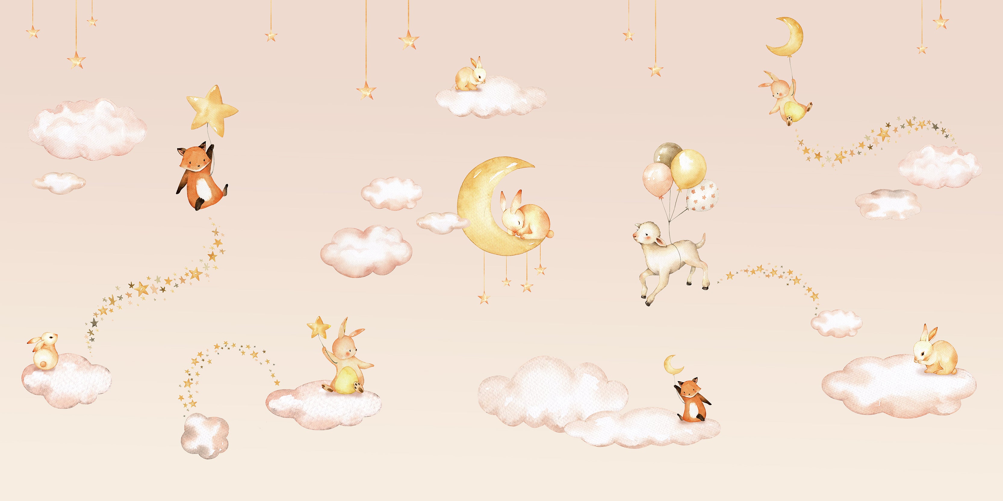 Sweet Dreams Pink - Pink Sky Bedtime Animals Illustration Wallpaper Mural Full Artwork