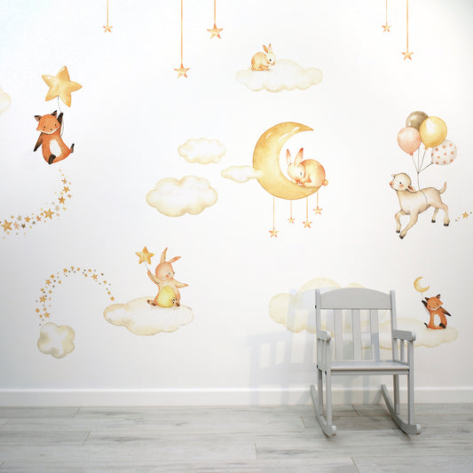 Sweet Dreams White - White Sky Bedtime Animals Illustration Wallpaper Mural with Baby Chair