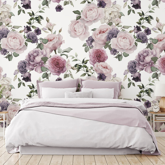 Rosie Watercolor Wallpaper In Bedroom With Pink Bed