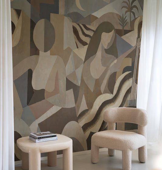Room interior with abstract mural, small table, and chair.