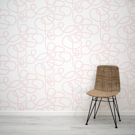 Abstract Curls Pink Wallpaper Mural with Rattan Chair