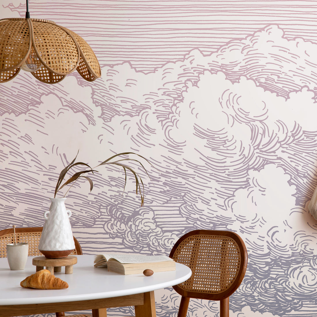 Abut Dreamy – Papier peint mural avec dessin au trait gravé, nuages ​​dégradés bleus et roses - Traditional Wallpaper (Paste-the-wall)