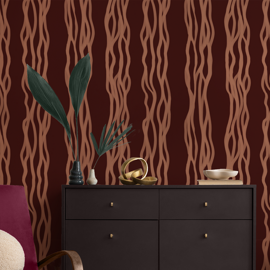 Adele striped wallpaper with a brown chest of draws 