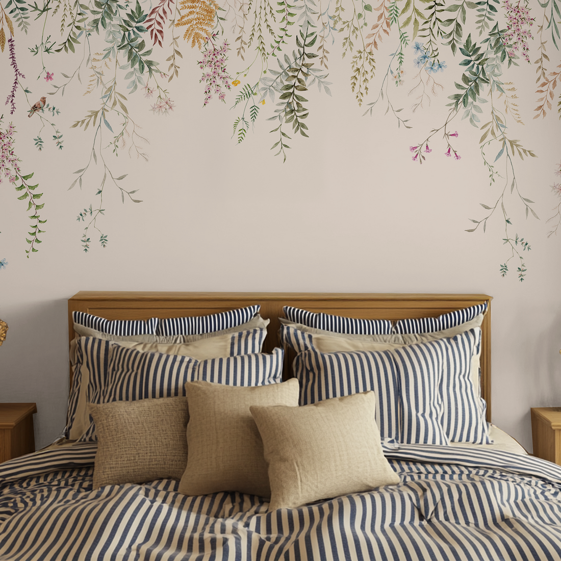 Elegant Watercolor Botanical Foliage with Soft Hanging Florals - Traditional Wallpaper (Paste-the-wall)