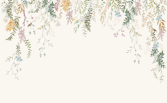 Simple plain white wallpaper with watercolour foliage and hanging florals.